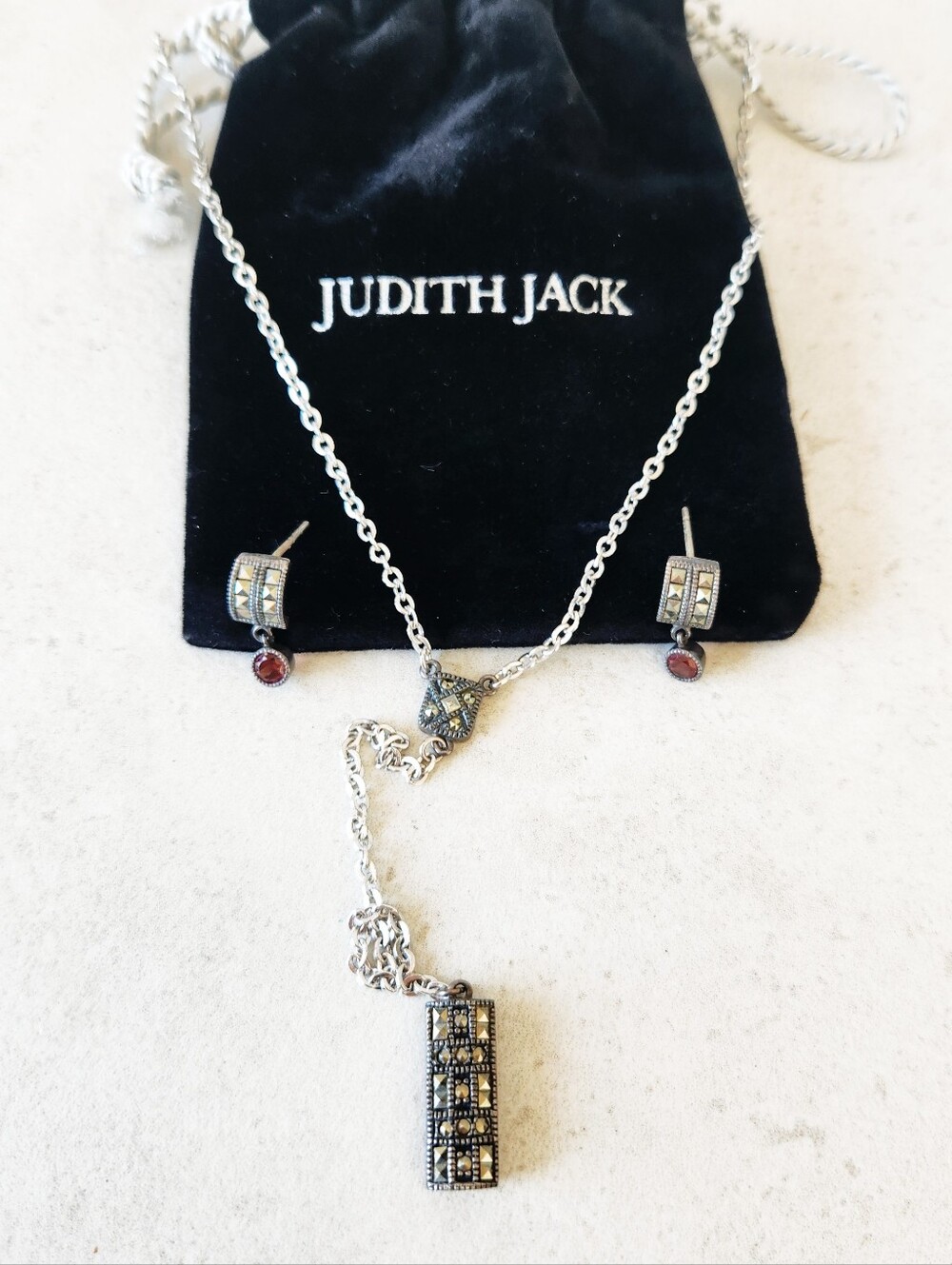Judith Jack Sterling Silver Garnet Marcasite Earrings & Y Necklace Set Designer
